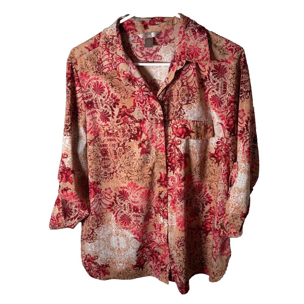 White Stag Shirt Women's Large Beige Red Button Down 3/4 Sleeve Collared Top